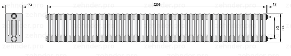 Схема (чертеж) Радиатор Zehnder Charleston 5019/48 №7610 Белый глянцевый RAL 9016